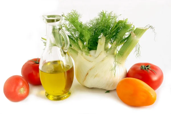 Hinojo, aceite y tomates para ensalada — Foto de Stock