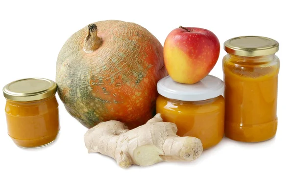 Kürbis, Apfel, Ingwer und leckere Marmelade als Konfitüre — Stockfoto