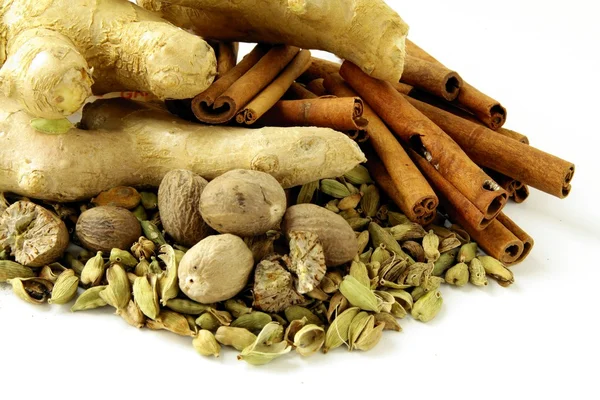 Nutmeg,cinnamon,cardamon and ginger roots as spices — Stock Photo, Image