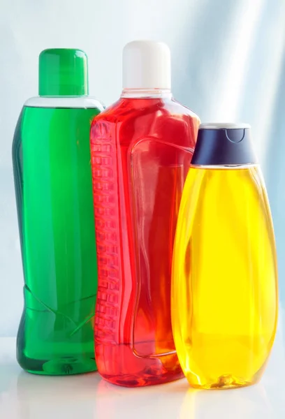 Fluid cosmetic soaps in bathroom — Stock Photo, Image
