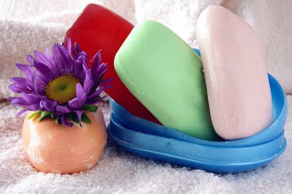 Multicolor soaps in bathroom — Stock Photo, Image