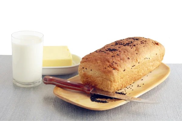 Pane, latte e burro a colazione — Foto Stock