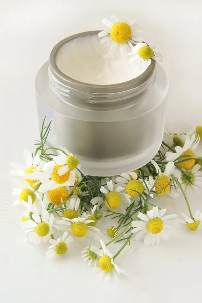 Crème cosmétique à base d'herbes et de plantes camomille — Photo