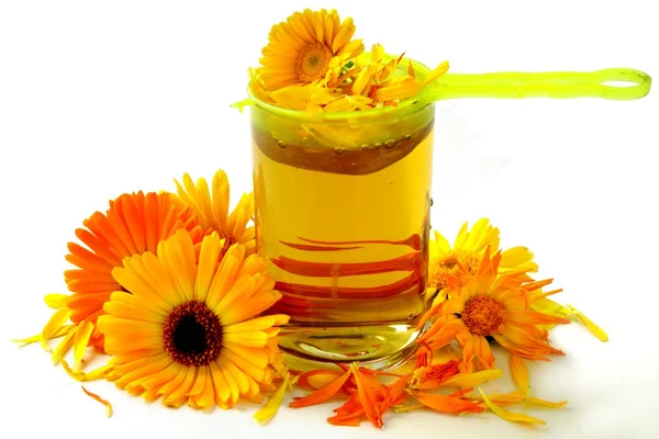 Pétalos de caléndula y té de hierbas como medicina natural — Foto de Stock