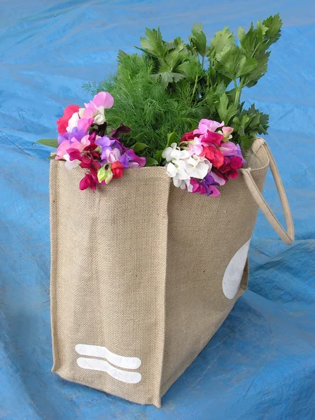 Mon sac avec des fleurs et des légumes après le shopping — Photo