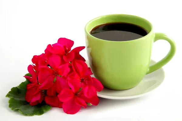Café em copo verde e flor de gerânio vermelho — Fotografia de Stock