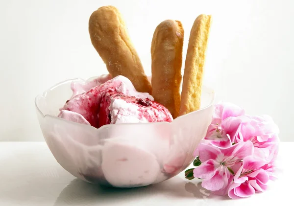 Icecream with juice and bisquits as dessert — Stock Photo, Image