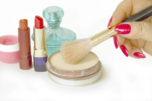 Pó e cosméticos de maquilagem — Fotografia de Stock