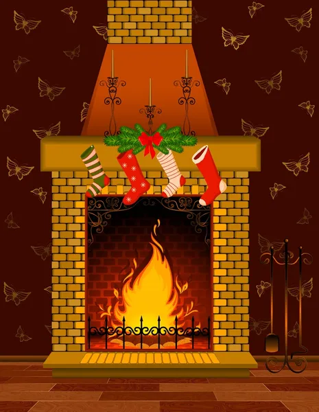 クリスマスの装飾と石の暖炉 — ストック写真