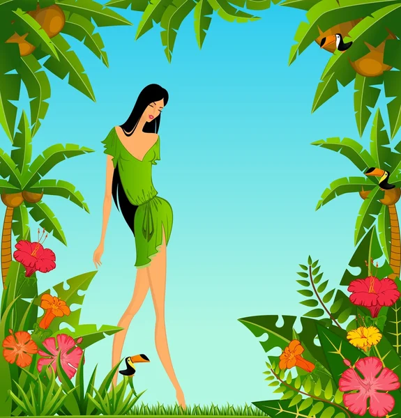Bella ragazza con palme tropicali — Foto Stock