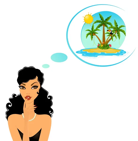 Lady dreams about Island with tropical palms — Stock Photo, Image