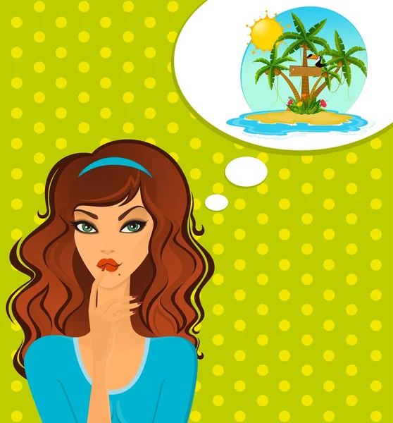 Mujer joven sueña con playa tropical — Foto de Stock
