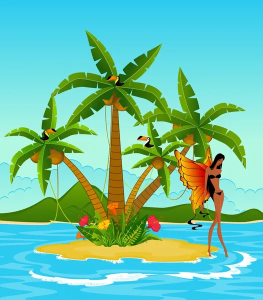 Bella ragazza sull'isola con palme tropicali — Foto Stock