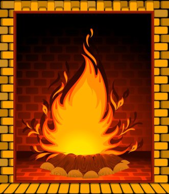 Cartoon stone fire-place with a conflagrant fire clipart