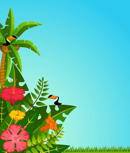 Hintergrund mit tropischen Pflanzen und Papageien. — Stockfoto