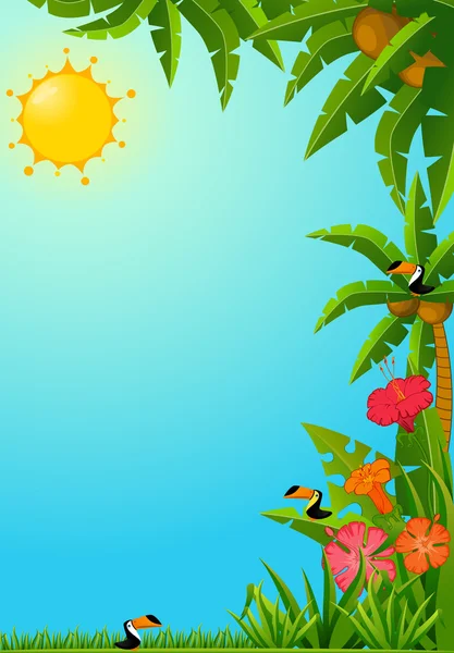 Achtergrond met tropische planten en papegaaien. — Stockfoto