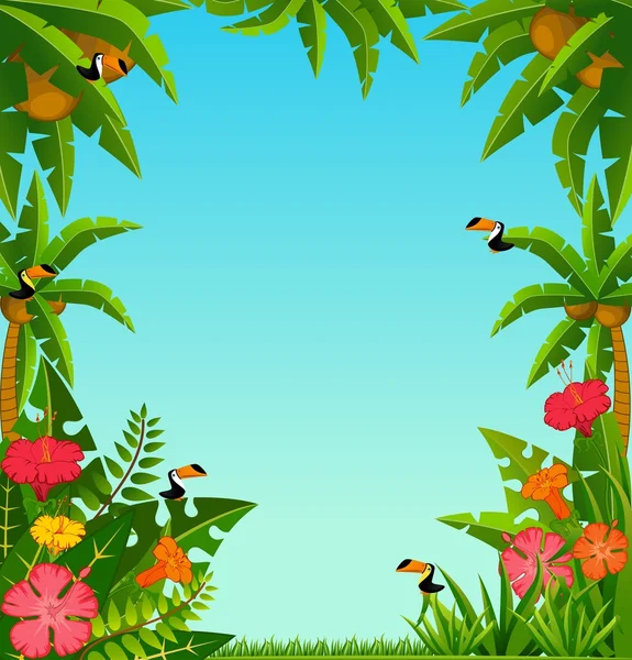 Фон с тропическими растениями и попугаями . — стоковое фото