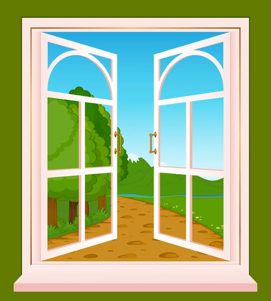 Die sommerliche Landschaft im Holzfenster — Stockfoto