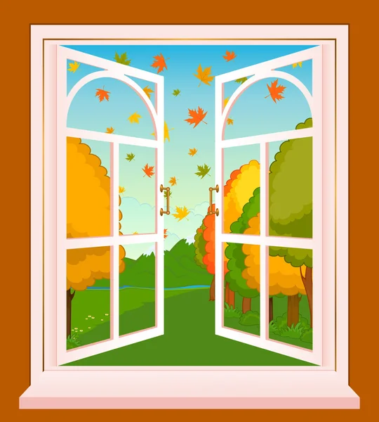 Die herbstliche Landschaft im Holzfenster. — Stockfoto