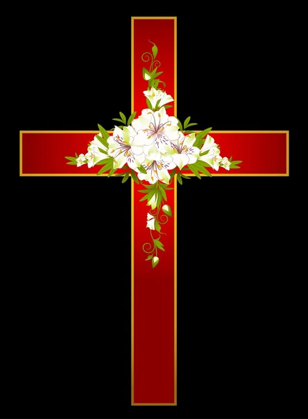金十字架与鲜花-基督教信仰的象征 — 图库照片