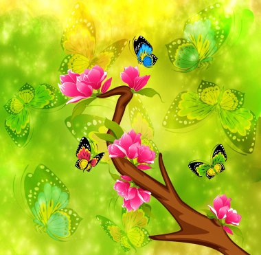 Beautiful bonsai with flowers and butterflies clipart