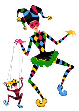 Cartoon court jester holds a marionette clipart