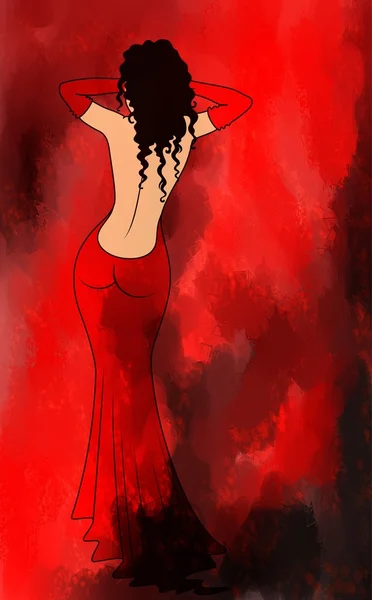 Pani w czerwonej sukience jest izolowany na czerwonym tle — Zdjęcie stockowe