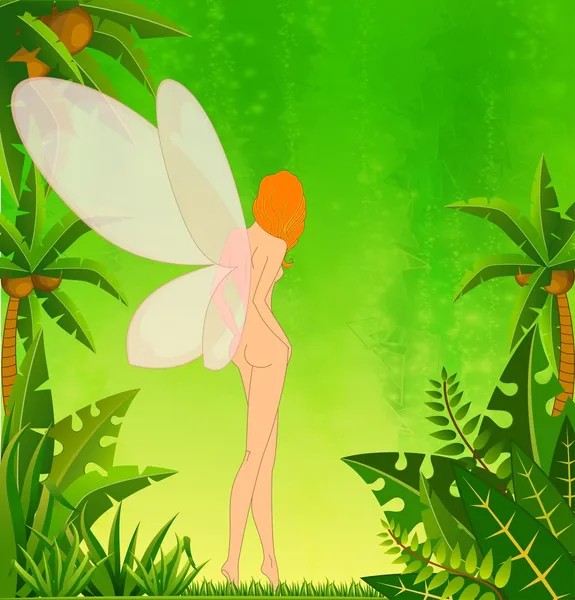 Pretty girl-fairy on island with tropical palms — Stock Photo, Image