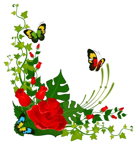 鲜花与蝴蝶的背景上 — 图库照片