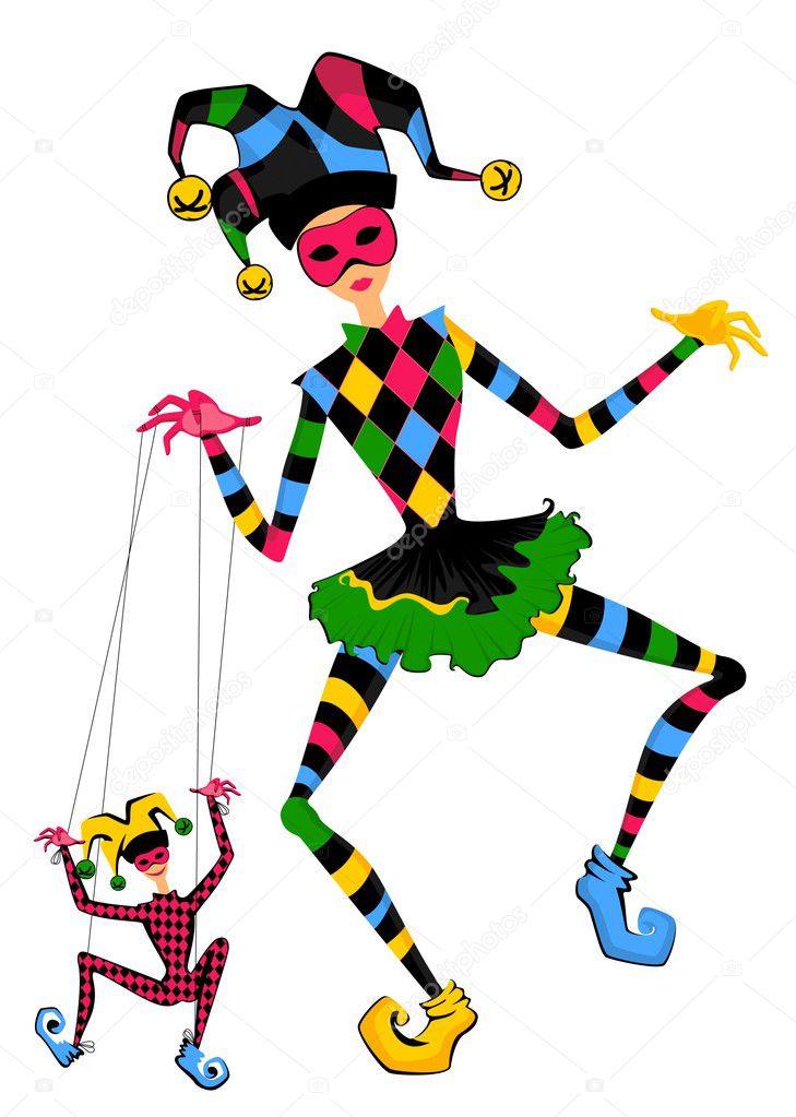 Cartoon court jester holds a marionette