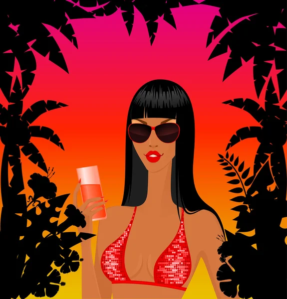 Young woman on the tropical background — Stock Vector