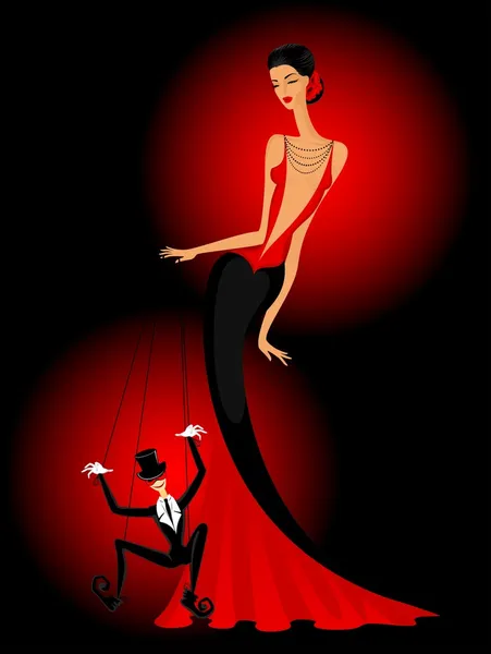 Senhora encantadora em um vestido vermelho em um fundo com uma marionete — Vetor de Stock