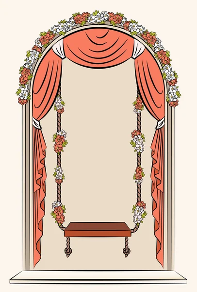 Винтажный интерьер с занавесом и цветами — стоковый вектор