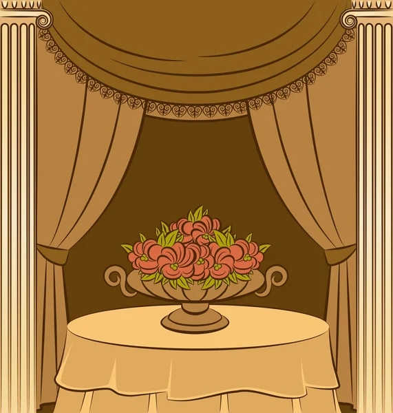 L'intérieur vintage avec rideau & fleurs — Image vectorielle