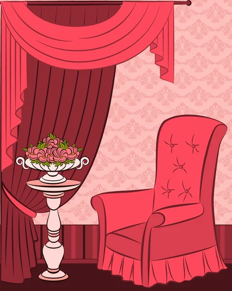 L'intérieur vintage avec rideau & fleurs — Image vectorielle