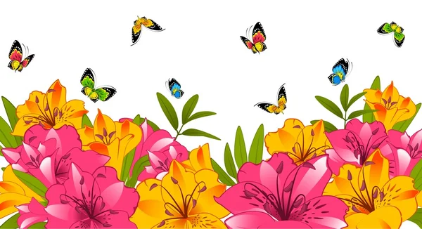 鲜花与蝴蝶的背景上 — 图库矢量图片
