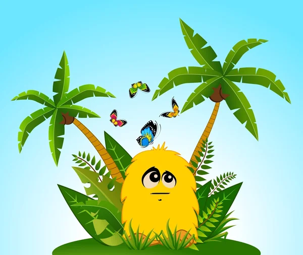 Funny little monster on a tropical background — Stock Vector