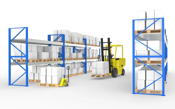 Forklift truck, hand truck and shelves.Part of a Blue and yellow Warehouse — Stock Photo, Image
