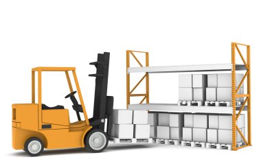 Forklift ve raflar. forklift palet rafı yükleniyor