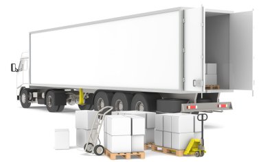 Distribution. Open trailer with pallets, boxes and trucks. Part of a Blue a clipart