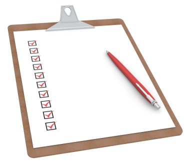 Clipboard with Checklist X 10 and Pen. clipart