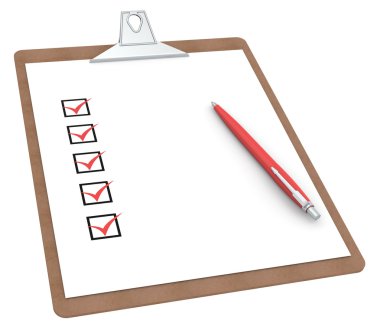 Clipboard with Checklist X 5 and Pen. clipart