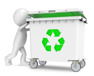 3D little human character pushing a Recycling Bin clipart