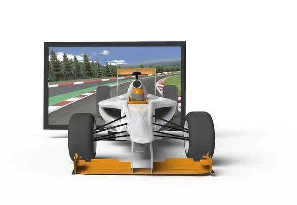 stock image 3d TV, Racing Car flying out of TV