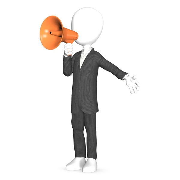3D menselijke shout met een oranje megafoon — Stockfoto