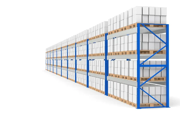 Estantes del almacén, vista lateral. Parte de una serie Blue Warehouse y logística — Foto de Stock
