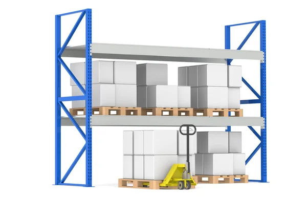 Warehouse Shelves, Pallets and a Hand Truck. Part of a Blue Warehouse and l — Stock Photo, Image