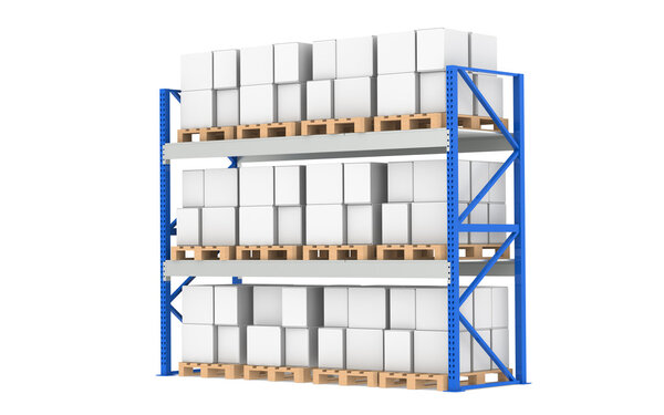 Warehouse Shelves. Pallet Rack, Full. Isolated on white. Part of a Blue War
