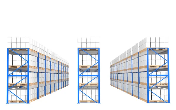 Prateleiras do armazém, vista frontal. Parte de um armazém azul e série logística — Fotografia de Stock
