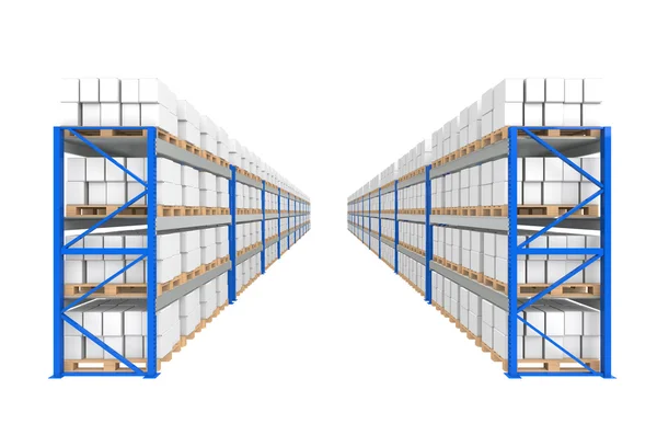 Estantes de almacén 2 filas. Parte de una serie Blue Warehouse y logística . —  Fotos de Stock